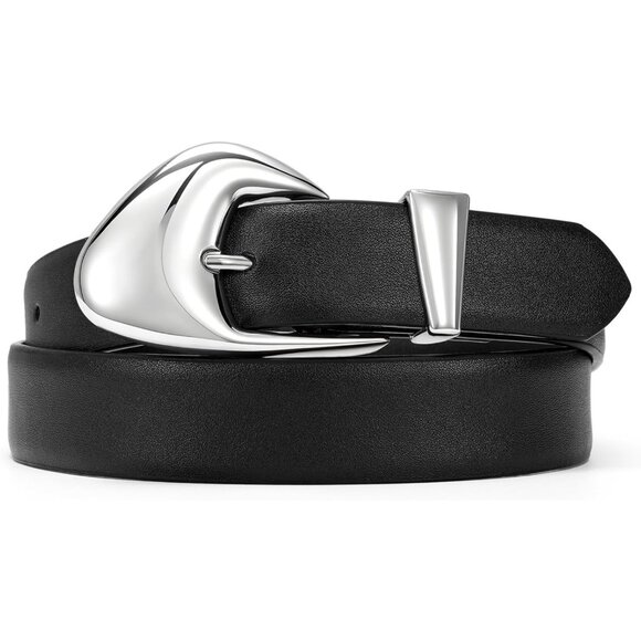 Women's Black Jeans Pants Fashion Ladies Dress Leather Belt with Silver Buckle - Picture 1 of 6